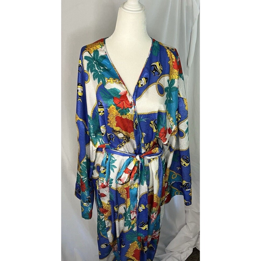 VTG Mary McFadden Silk Robe Tropical Chain Print USA Made Belted Lounge Jacket L